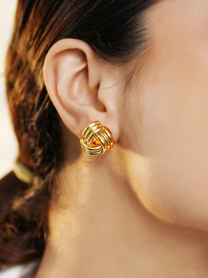 Rubans 18K Gold-Plated Classic Knot Stud Earrings with Glossy Finish