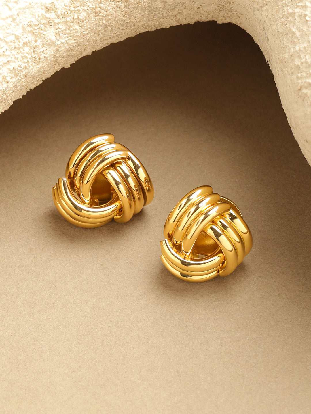 Rubans 18K Gold-Plated Classic Knot Stud Earrings with Glossy Finish