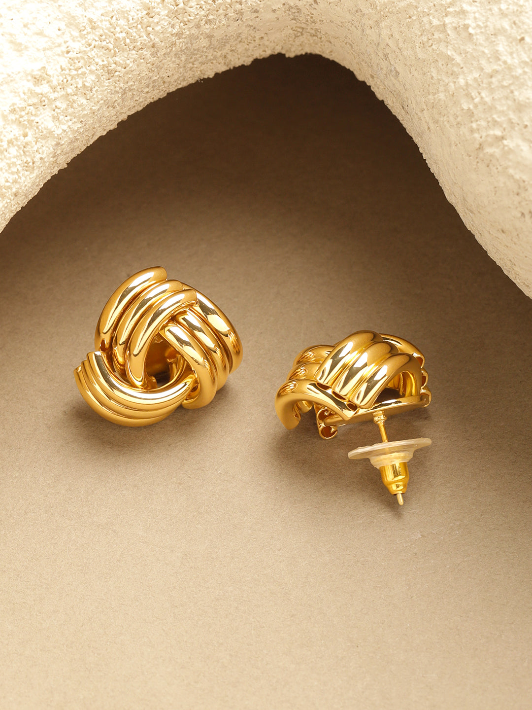 Rubans 18K Gold-Plated Classic Knot Stud Earrings with Glossy Finish