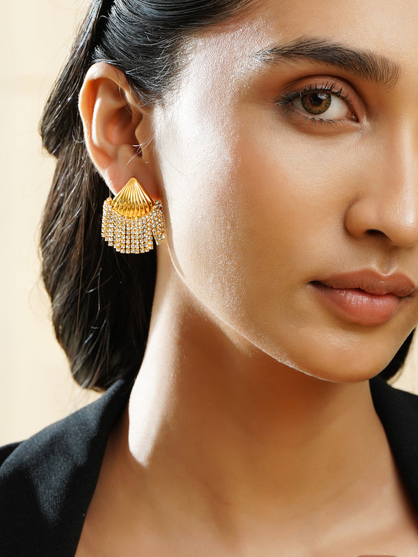 Rubans Voguish 18K Gold Plated Shell Motif White Crystal AD Statement Earrings