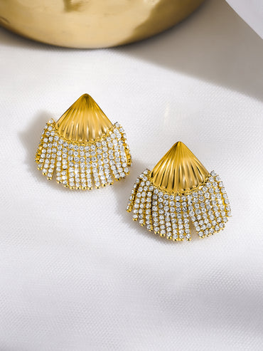 Rubans Voguish 18K Gold Plated Shell Motif White Crystal AD Statement Earrings