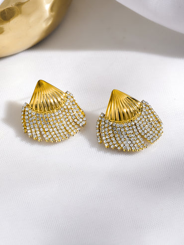 Rubans Voguish 18K Gold Plated Shell Motif White Crystal AD Statement Earrings