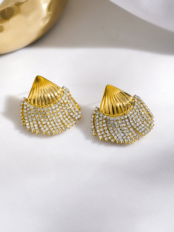 Rubans Voguish 18K Gold Plated Shell Motif White Crystal AD Statement Earrings