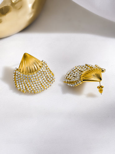 Rubans Voguish 18K Gold Plated Shell Motif White Crystal AD Statement Earrings