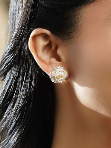 Rubans Voguish 18K Gold-Plated Enamel Floral Design Crystal Stud Earrings