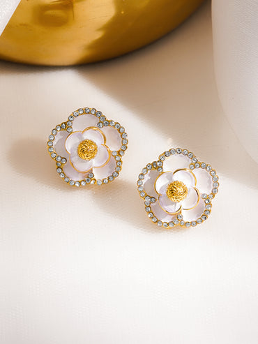 Rubans Voguish 18K Gold-Plated Enamel Floral Design Crystal Stud Earrings