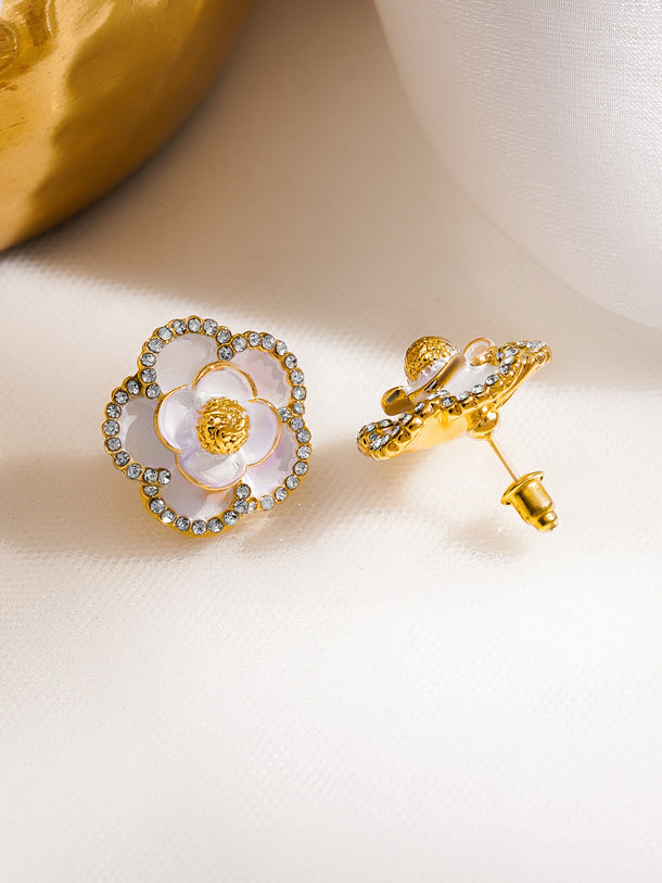 Rubans Voguish 18K Gold-Plated Enamel Floral Design Crystal Stud Earrings