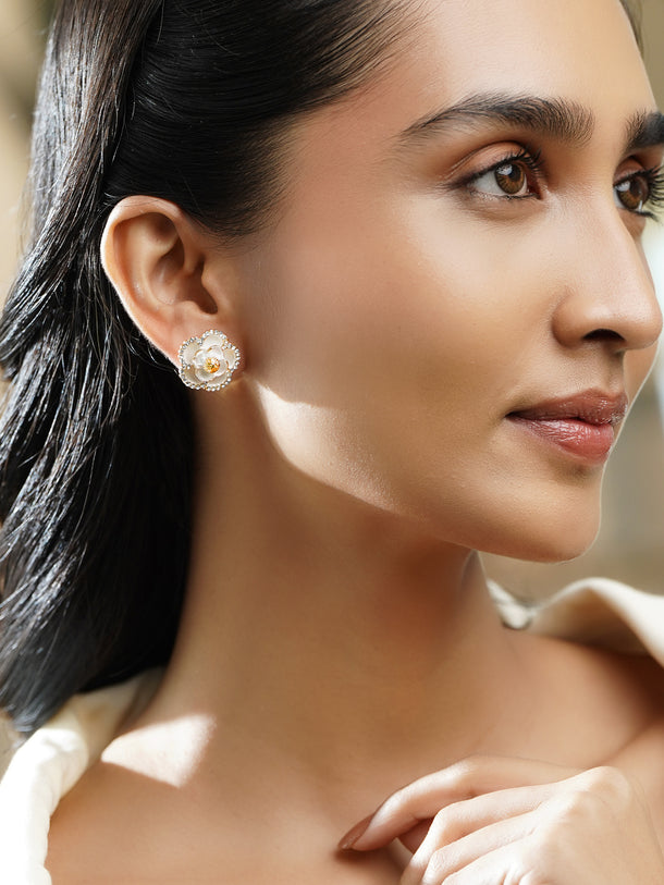 Rubans Voguish 18K Gold-Plated Enamel Floral Design Crystal Stud Earrings