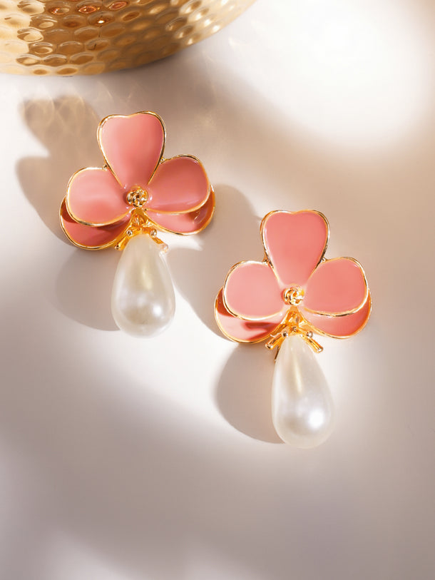 Pink Floral Pearl Drop Earrings