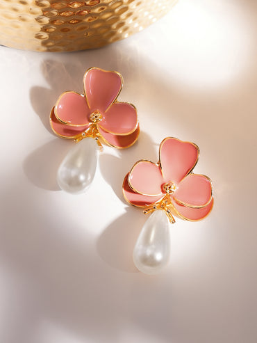 Pink Floral Pearl Drop Earrings