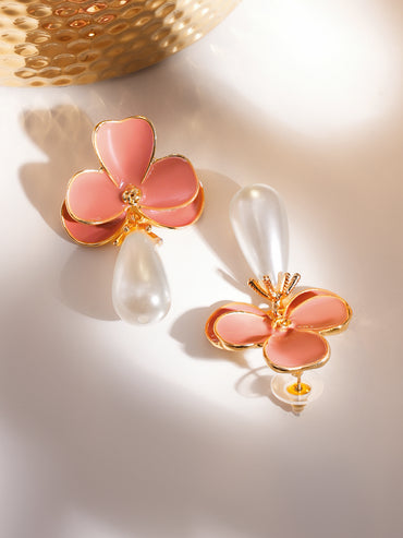 Pink Floral Pearl Drop Earrings