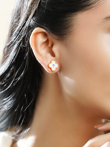 Rubans Voguish Gold 18K Gold-Plated White Clover Stud Earrings