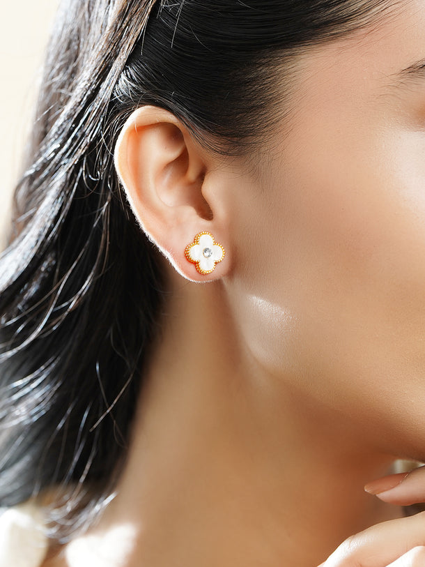 Rubans Voguish Gold 18K Gold-Plated White Clover Stud Earrings