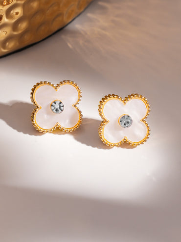 Rubans Voguish Gold 18K Gold-Plated White Clover Stud Earrings