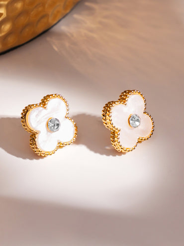 Rubans Voguish Gold 18K Gold-Plated White Clover Stud Earrings
