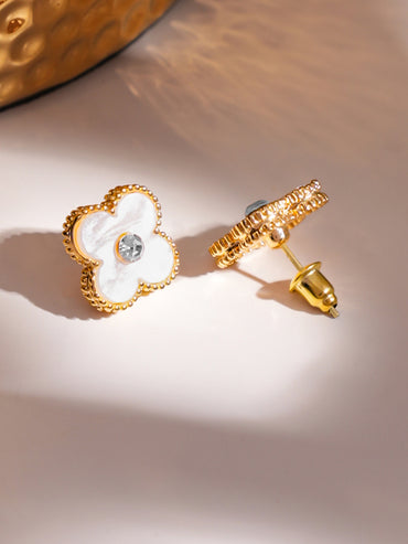 Rubans Voguish Gold 18K Gold-Plated White Clover Stud Earrings