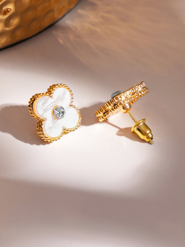 Rubans Voguish Gold 18K Gold-Plated White Clover Stud Earrings