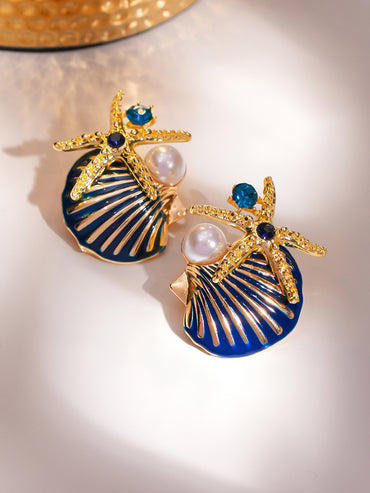 Shell & Starfish Motif Gold Tone Studs
