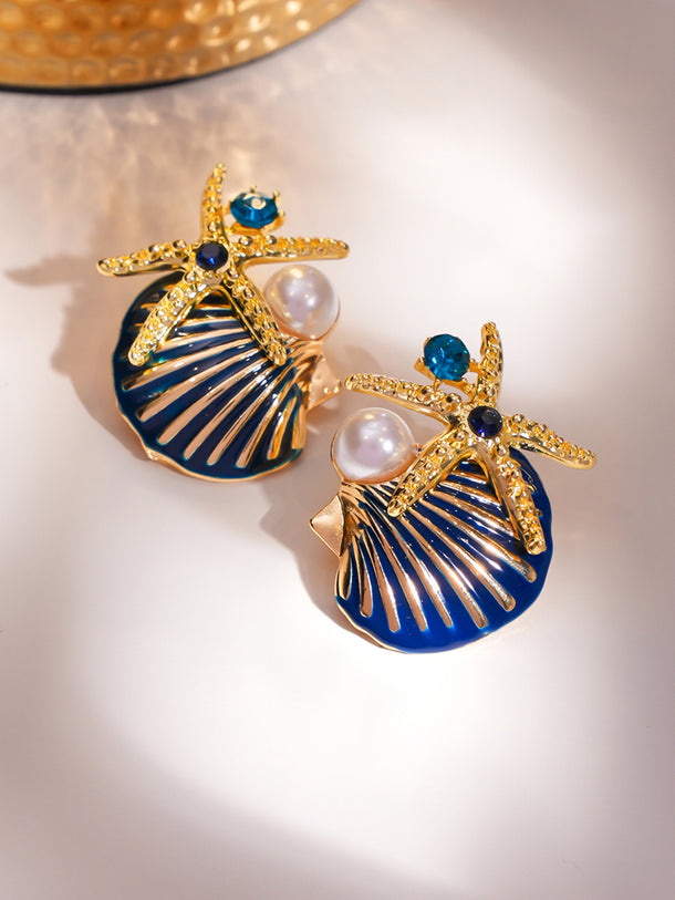 Shell & Starfish Motif Gold Tone Studs