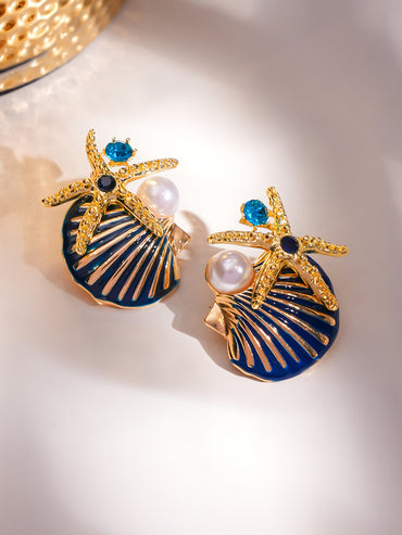 Shell & Starfish Motif Gold Tone Studs