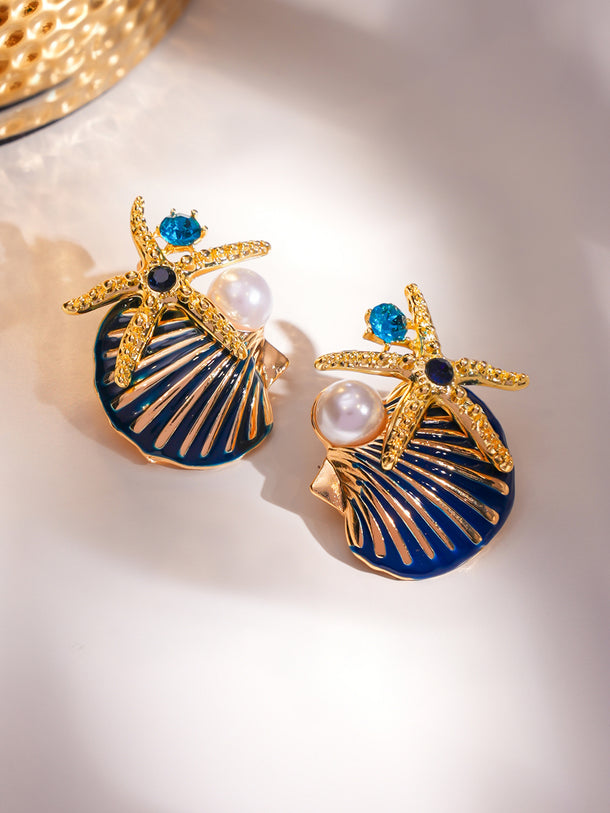 Shell & Starfish Motif Gold Tone Studs