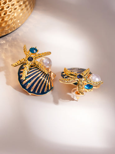 Shell & Starfish Motif Gold Tone Studs