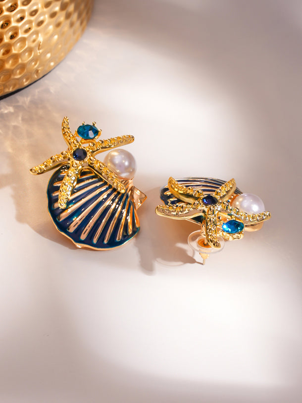 Shell & Starfish Motif Gold Tone Studs