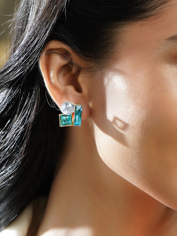 Rubans Voguish 18K Gold-Plated Geometric Blue & Crystal Cluster Stud Earrings