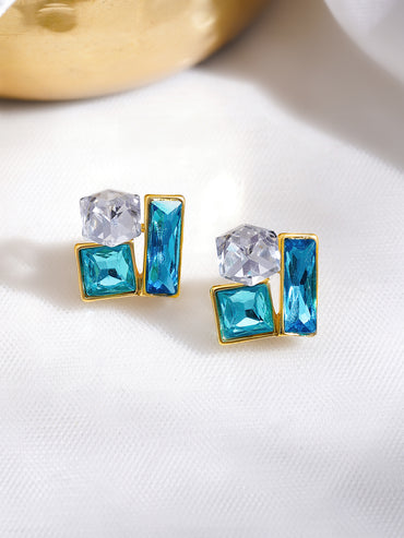 Rubans Voguish 18K Gold-Plated Geometric Blue & Crystal Cluster Stud Earrings