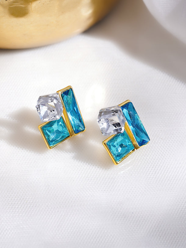 Rubans Voguish 18K Gold-Plated Geometric Blue & Crystal Cluster Stud Earrings