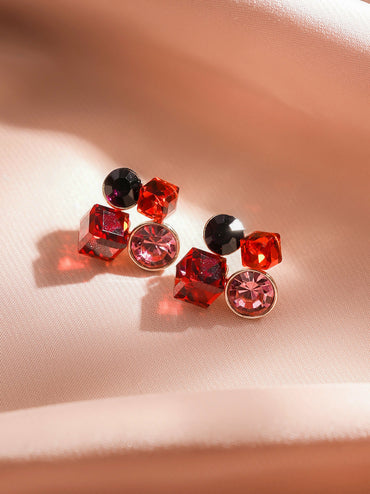Rubans Voguish 18K Gold-Plated Ruby Red & Pink Crystal Cluster Statement Stud Earrings