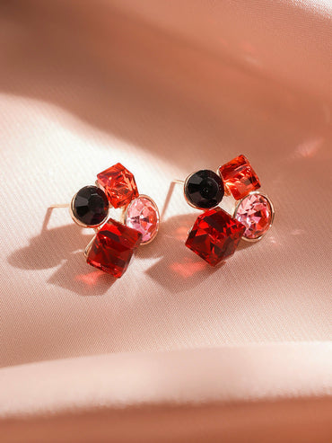 Rubans Voguish 18K Gold-Plated Ruby Red & Pink Crystal Cluster Statement Stud Earrings
