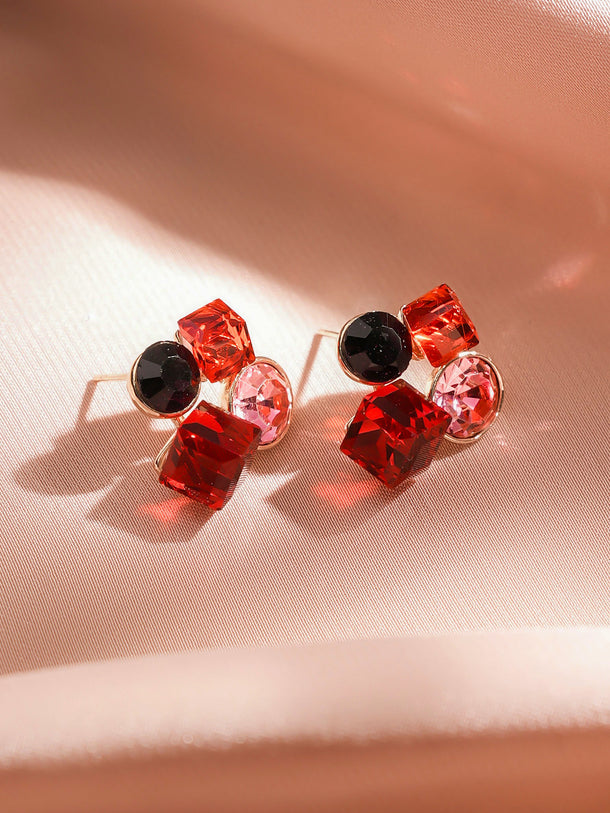 Rubans Voguish 18K Gold-Plated Ruby Red & Pink Crystal Cluster Statement Stud Earrings