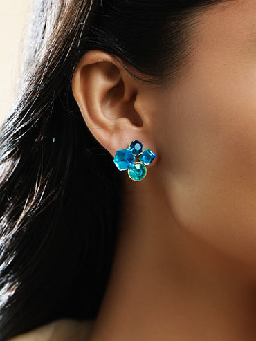 Rubans Voguish 18K Gold-Plated Blue Sapphire Crystal Cluster Statement Stud Earrings