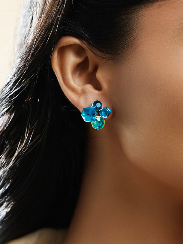 Rubans Voguish 18K Gold-Plated Blue Sapphire Crystal Cluster Statement Stud Earrings