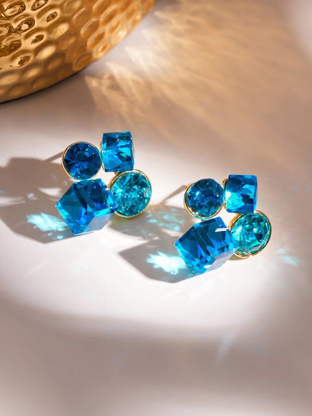 Rubans Voguish 18K Gold-Plated Blue Sapphire Crystal Cluster Statement Stud Earrings