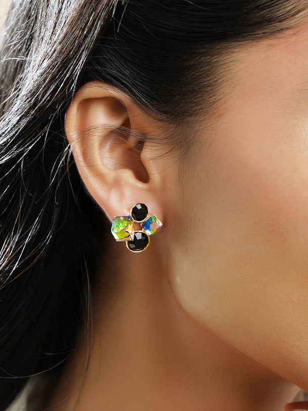 Rubans Voguish 18K Gold-Plated Black & Iridescent Crystal Cluster Stud Earrings