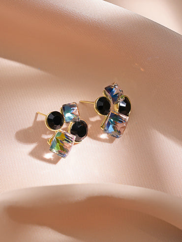 Rubans Voguish 18K Gold-Plated Black & Iridescent Crystal Cluster Stud Earrings