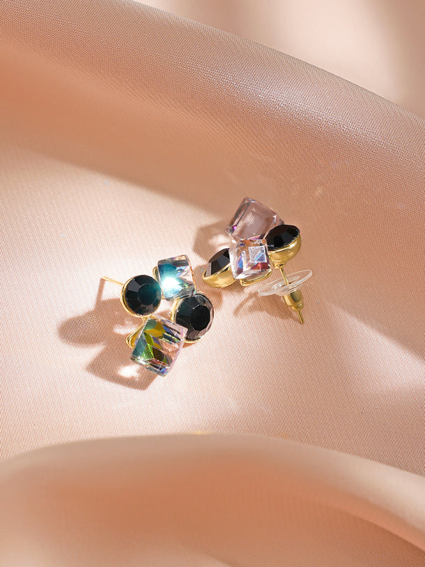Rubans Voguish 18K Gold-Plated Black & Iridescent Crystal Cluster Stud Earrings