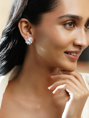 Rubans Voguish Rhodium-Plated Multi-Shape Crystal Cluster Statement Stud Earring
