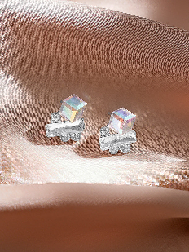 Rubans Voguish Rhodium-Plated Multi-Shape Crystal Cluster Statement Stud Earring