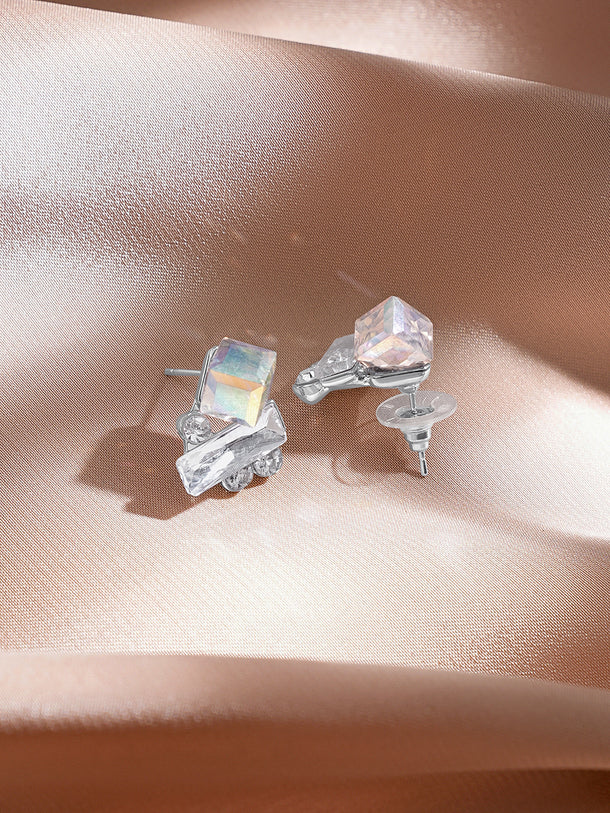 Rubans Voguish Rhodium-Plated Multi-Shape Crystal Cluster Statement Stud Earring