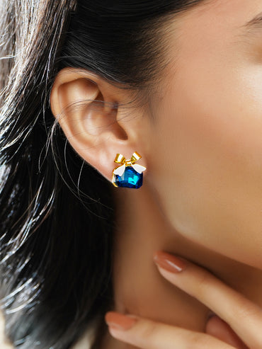 Rubans Voguish 18K Gold-Plated Blue Sapphire Crystal Bow Design Stud Earrings