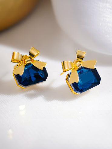 Rubans Voguish 18K Gold-Plated Blue Sapphire Crystal Bow Design Stud Earrings