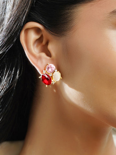 Rubans Voguish 18K Gold-Plated Red & Pink Crystal Cluster Statement Stud Earrings