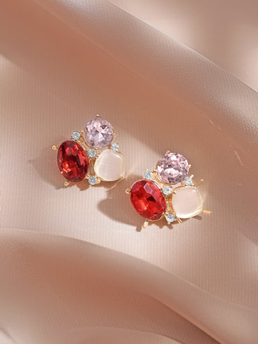 Rubans Voguish 18K Gold-Plated Red & Pink Crystal Cluster Statement Stud Earrings