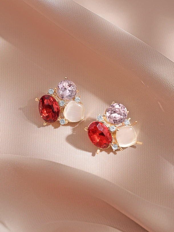 Rubans Voguish 18K Gold-Plated Red & Pink Crystal Cluster Statement Stud Earrings