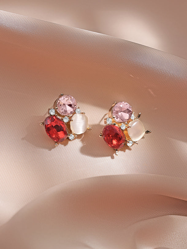 Rubans Voguish 18K Gold-Plated Red & Pink Crystal Cluster Statement Stud Earrings
