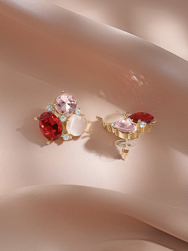 Rubans Voguish 18K Gold-Plated Red & Pink Crystal Cluster Statement Stud Earrings