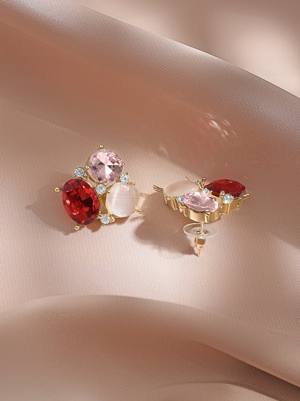 Rubans Voguish 18K Gold-Plated Red & Pink Crystal Cluster Statement Stud Earrings